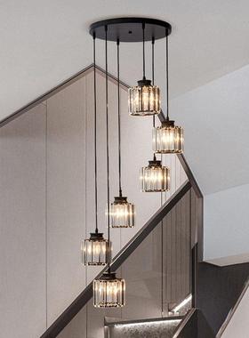 创意复式楼梯间别墅客厅轻奢灯具现代简约大气led黑色水晶长吊灯