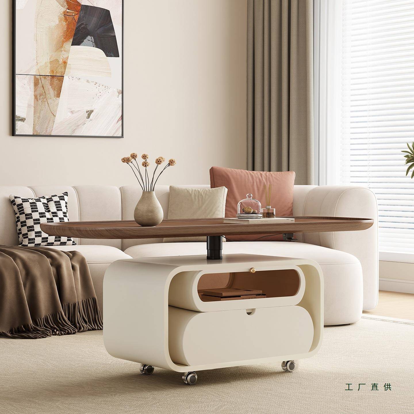 全实木移动升降茶几沙发边几客厅小户型现代简约高级感带轮小推车