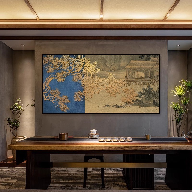 新中式茶室书房装饰画酒店客餐厅山水背景挂画东方美学立体艺术画图片