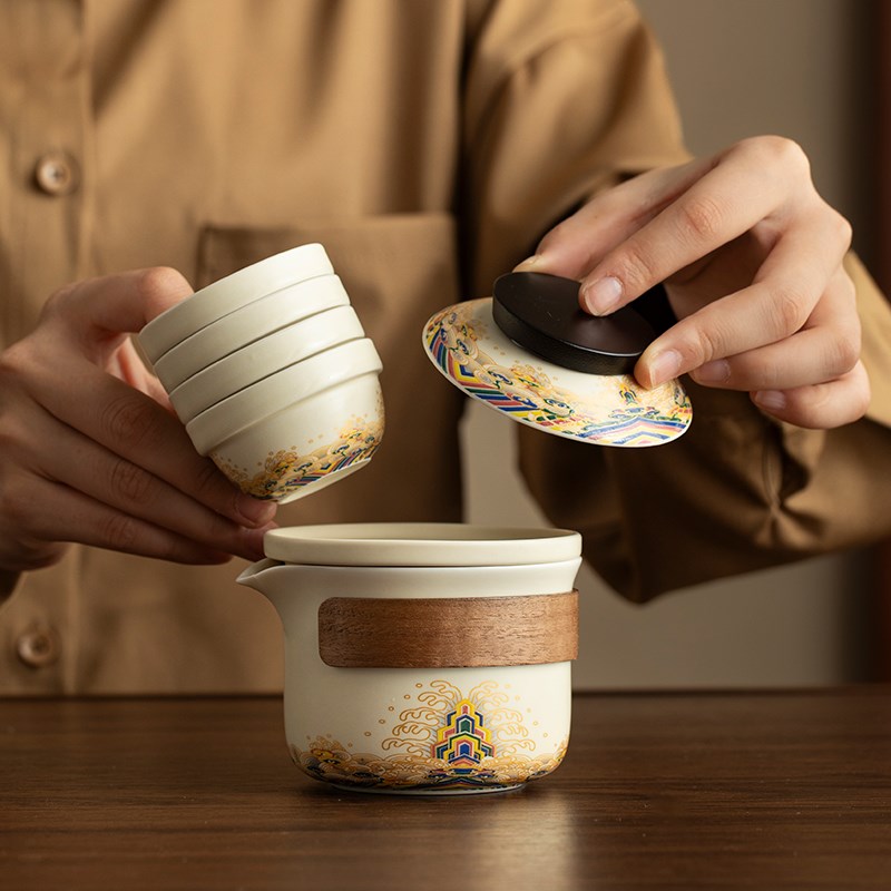 陶瓷便携式旅行茶具套装户外露营快客杯一壶四杯泡茶壶收纳包定制