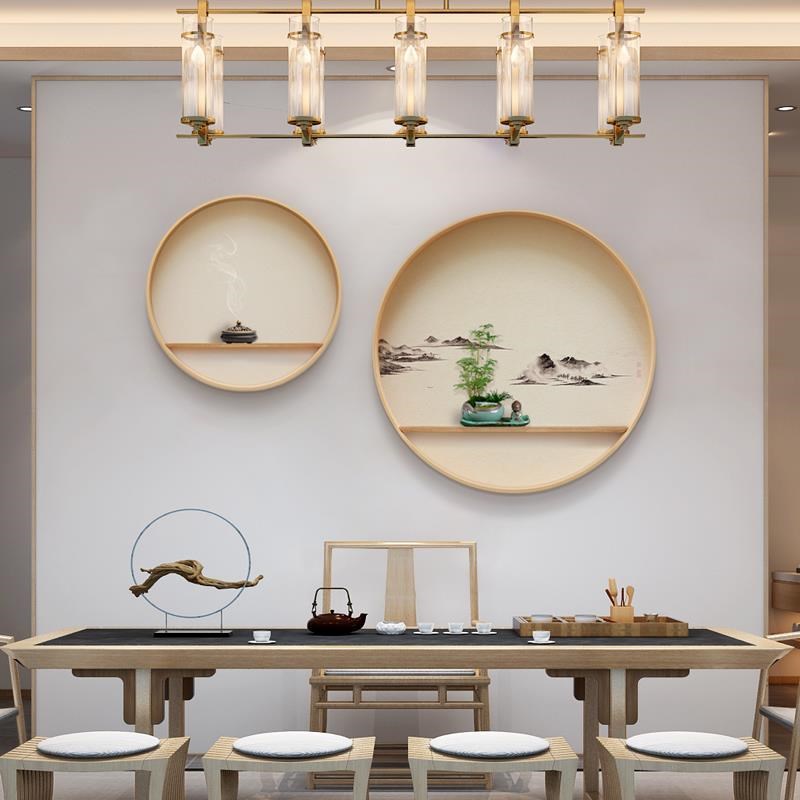 网红圆形挂画新中式玄关墙面装饰画日式餐厅茶室背意景墙水墨画壁图片