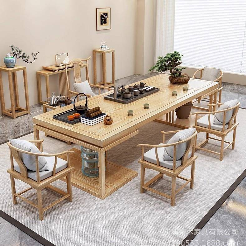 新中式原木色茶桌家用客厅茶桌椅组合别墅简约实木泡茶桌子洽谈桌