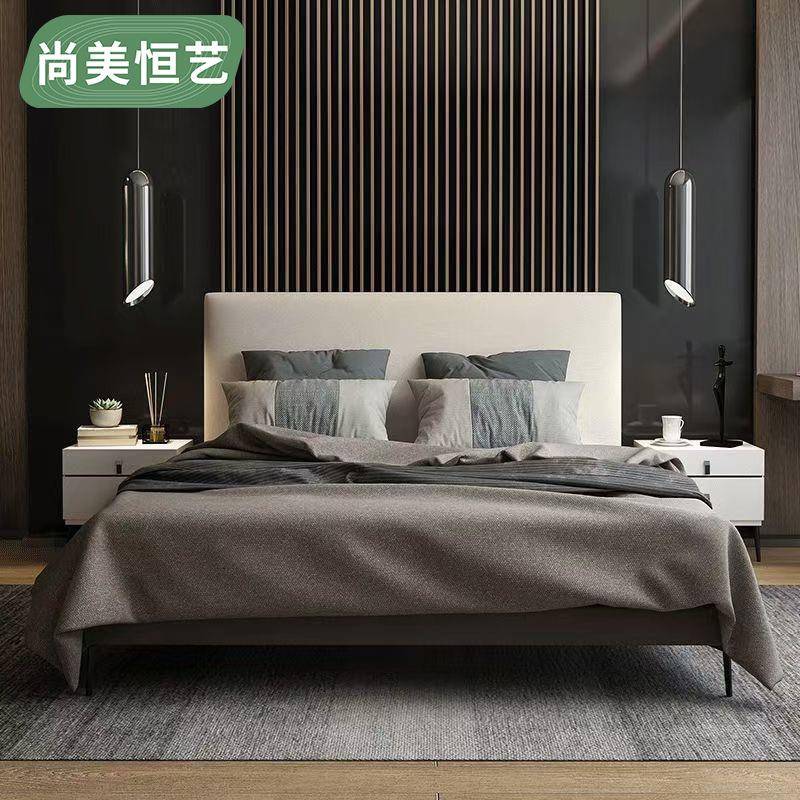 北欧风新款家用主卧床网红极简卧室布艺床现代简约实木双人床