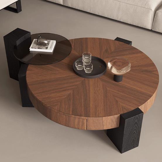 中古风实木圆形茶几简约小户型客厅家用极简复古风高级感2024新款