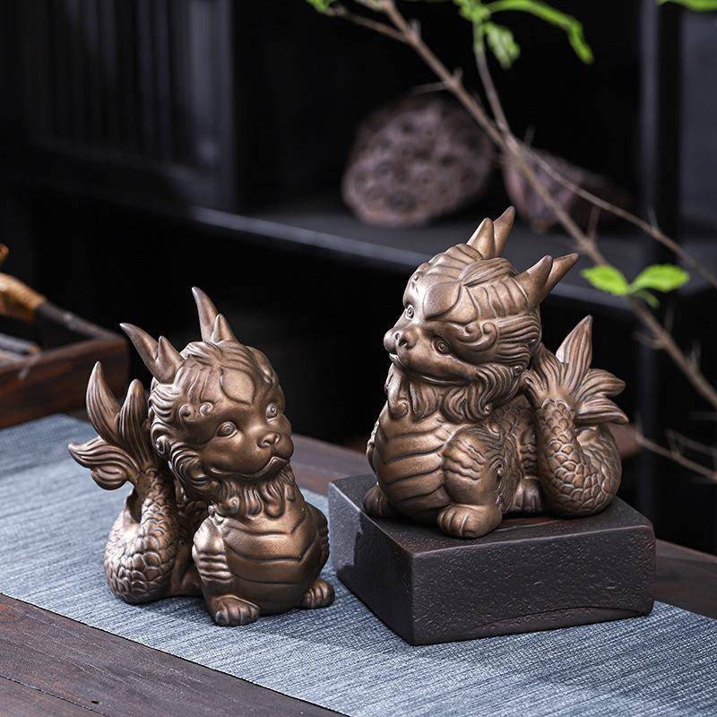 祥龙戏水龙年茶宠摆件创意仿古紫砂茶玩貔貅麒麟桌面招财可养茶桌