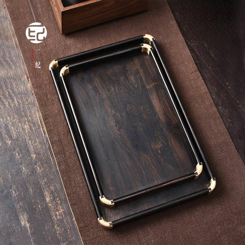 9V7T酸枝木紫光檀木花梨木铜角茶盘长方形木制茶托盘承盘文盘