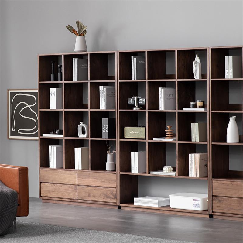 北欧黑胡桃木全实木书架置物架客厅日式多层格子展示架组合落地架