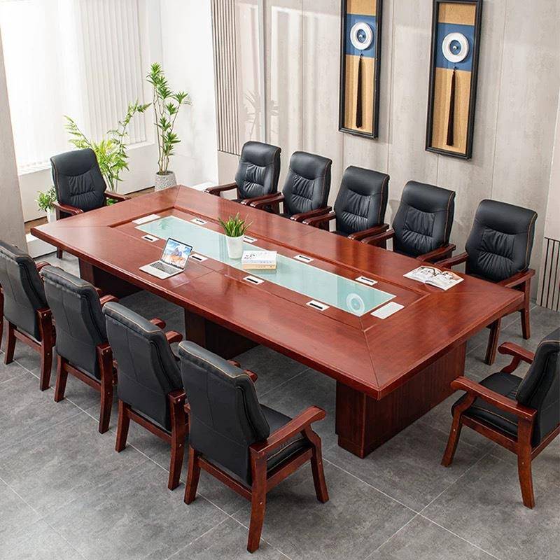 大型会议桌长桌新中式油漆实木皮烤漆办公室多人开会桌椅组合