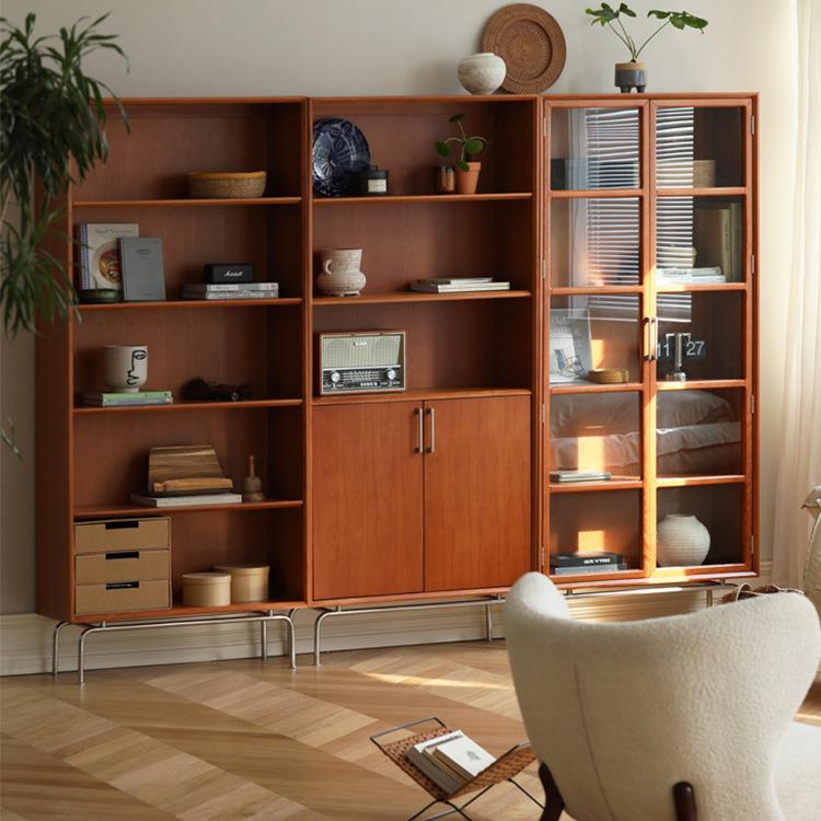 意式实木书柜客厅书架置物格子柜落地靠墙玻璃门柜轻奢展示柜