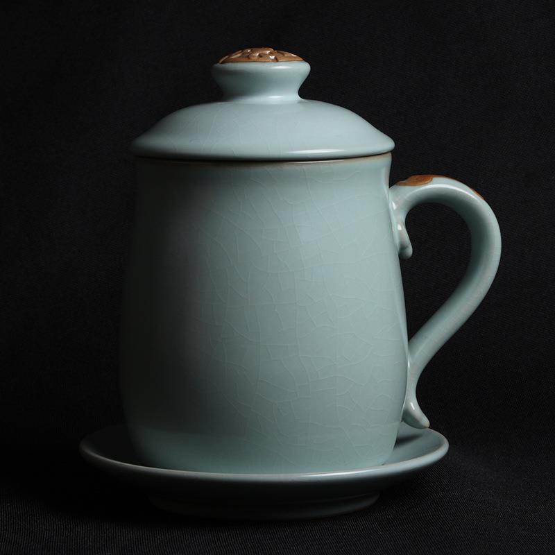 汝窑茶杯冰裂个人杯子办公室茶具带盖陶瓷四件套过滤开片主人单杯