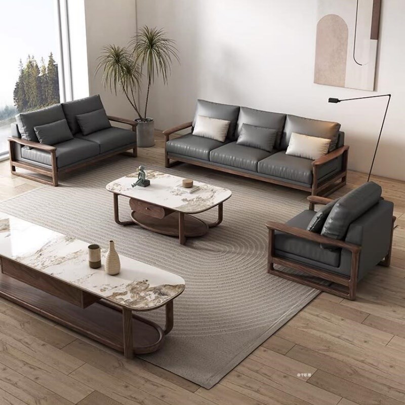 沙发客厅2025新款沙发边几组合收纳抱枕新中式黑胡桃木布艺储物