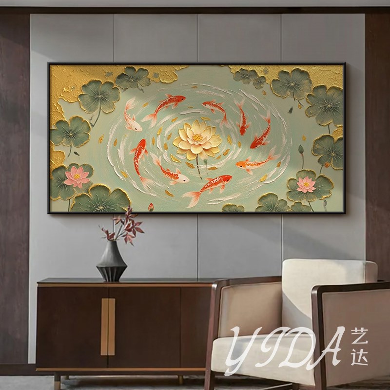 宋代美学九鱼图手绘油画新中式横板酒店客厅装饰画茶室办公室挂画图片