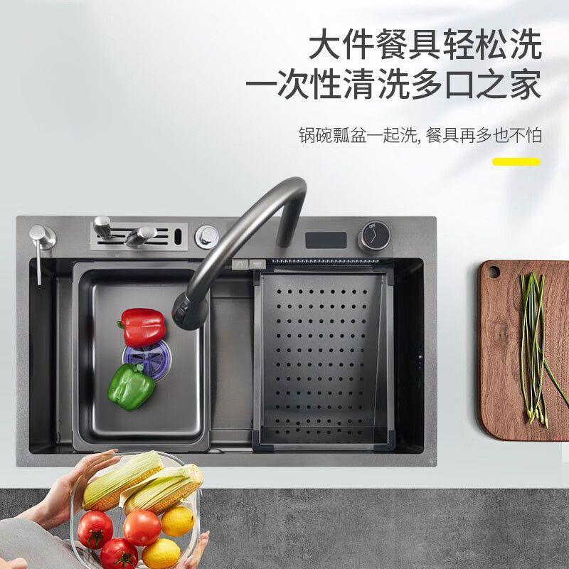 加厚304不锈钢水槽厨房大单槽鲨鱼数显瀑布刀架洗菜盆全套一整套