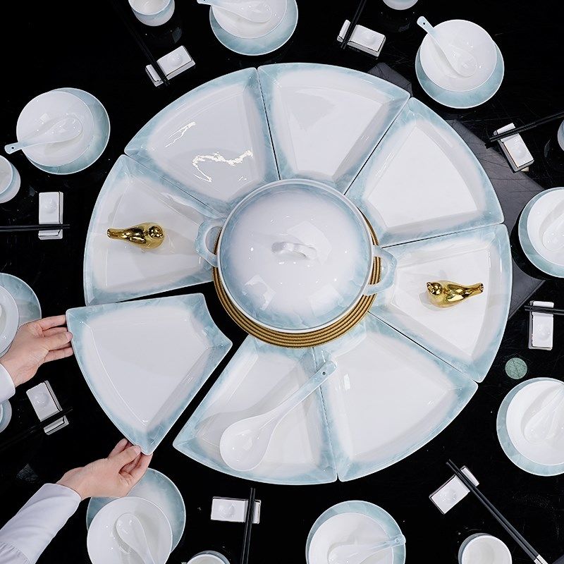 颜来碗家用扇形盘景德镇高温釉下彩骨瓷餐具瓷器套装汤碗酒店碗盘