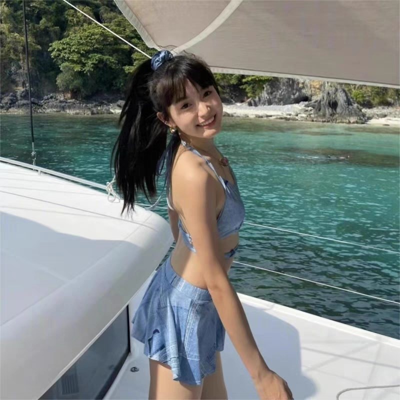特价林小宅同款泳衣女2023新款牛仔前扣比基尼小裙子保守分体泳装