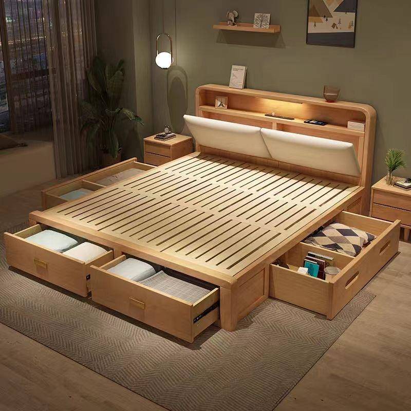 全实木床北欧现代简约1.35米1.8m高箱储物双人主卧家用工厂直新款