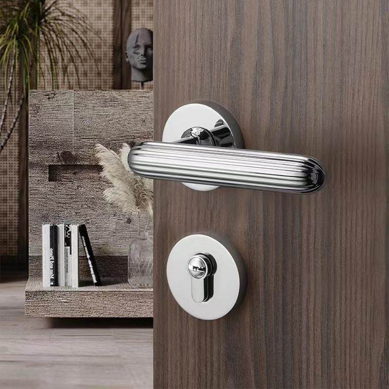 法式银色门锁室内卧室木门现代磁吸静音房门锁家用门把手分体锁