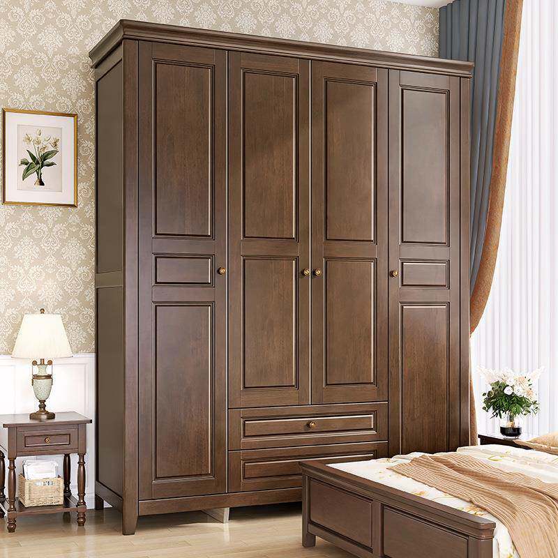 美式实木衣柜家用卧室复古四门大衣橱对开门经济型储物收纳柜组装