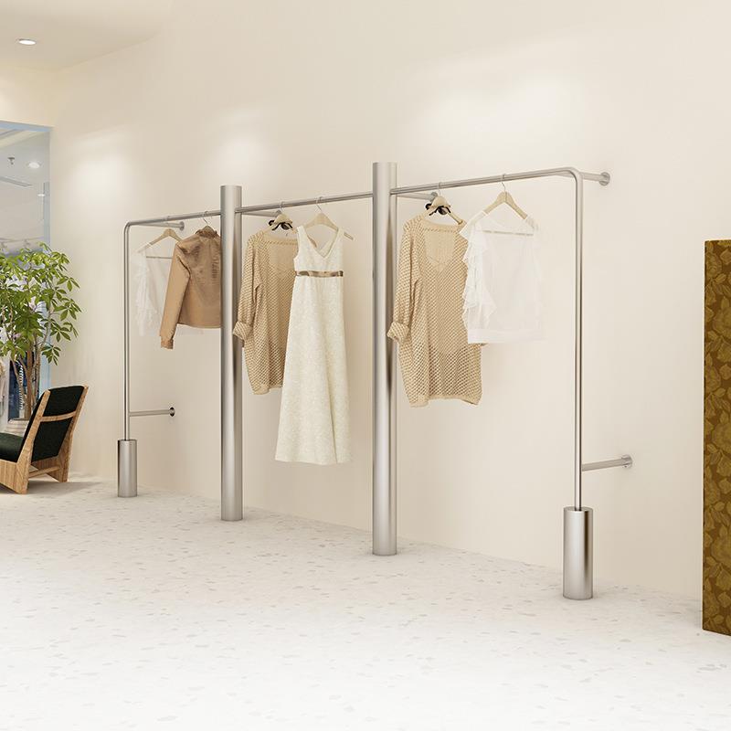 服装店展示架不锈钢上墙架银色侧挂女装店陈列架落地式简约挂衣架