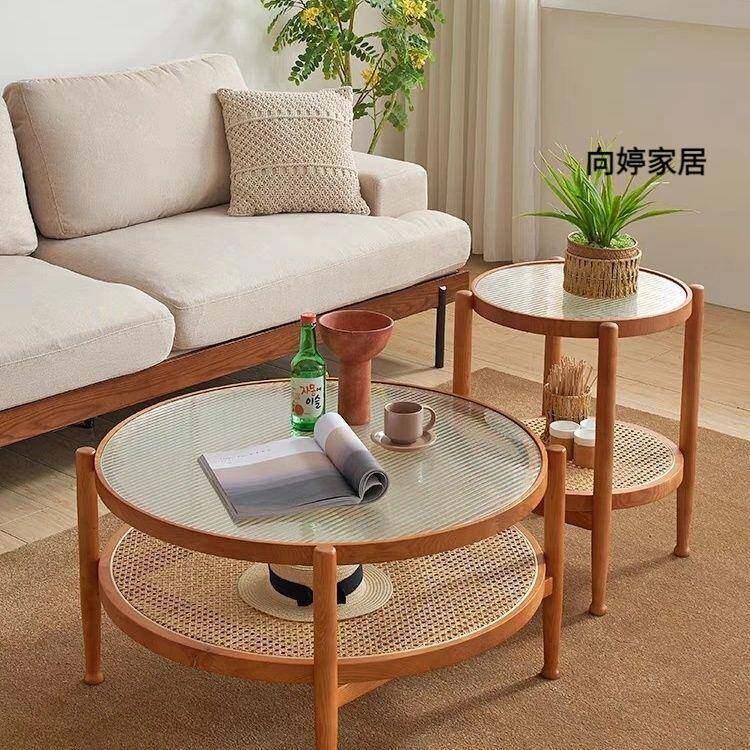 日法式中复古风阳台藤编原实木茶边几家用具小户型客厅圆矮桌极简