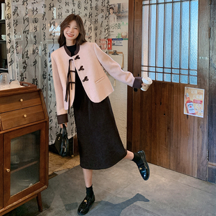 HEHY新中式轻奢粉红色双面呢上衣+半身裙套装2025年冬季新款