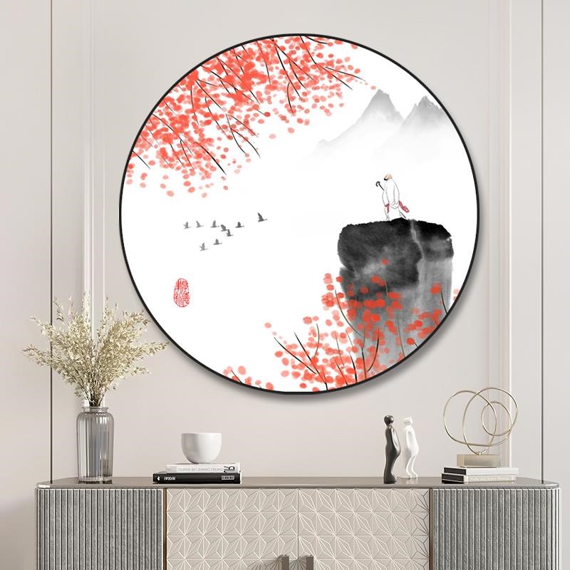 新中式客厅装饰画水墨禅意沙发背景墙挂画圆形卧室入户玄关晶瓷画图片