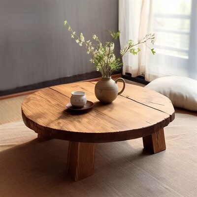 侘寂风家具日式实木圆茶几阳台 小户型家用可移动沙发茶几