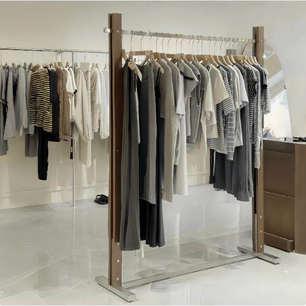 服装店展示架胡桃木中岛落地架不锈钢陈列架女装店复古挂衣货架子