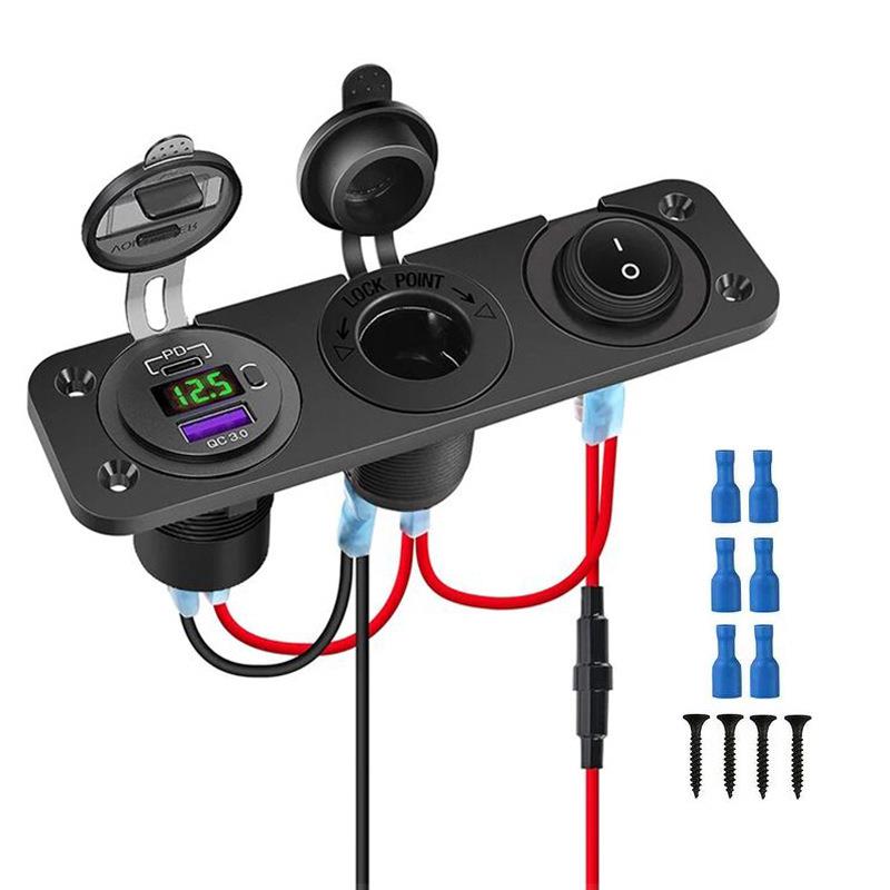 三孔面板带QC3.0加PD带电压显示双USB加电源母座蓝灯小开关组合