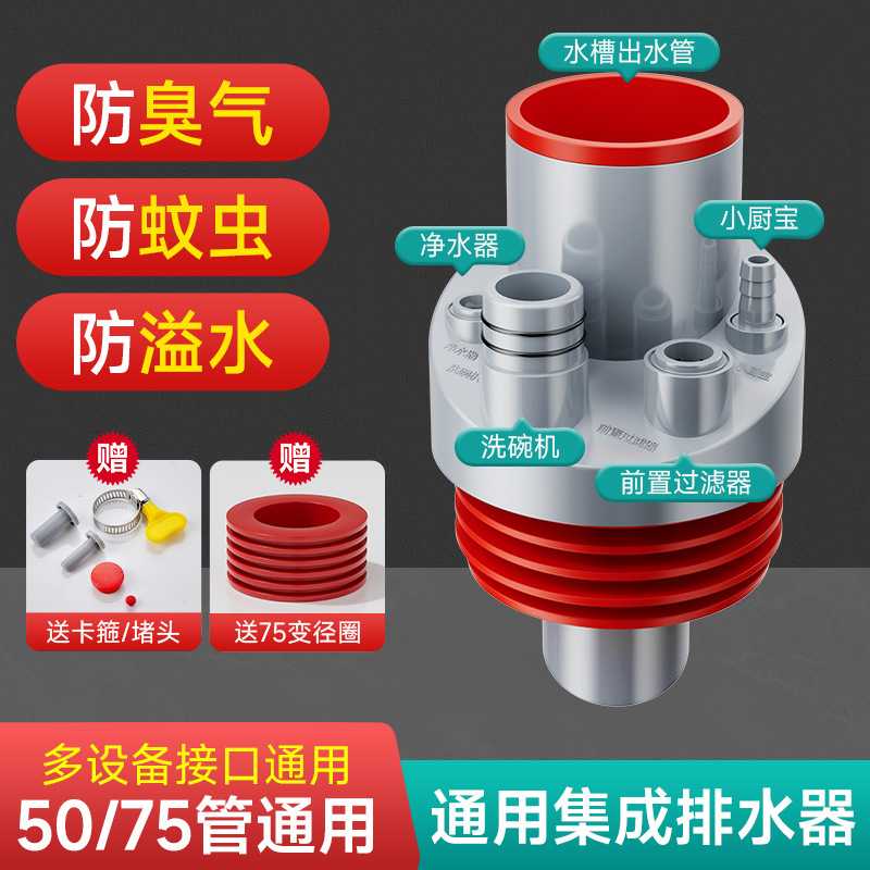 厨房五通下水防臭塞多功能进水器软水机接头排水集成排水器图片