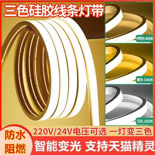 三色led硅胶灯带24v变光户外防水吊顶嵌入式220v线条柔性软灯条