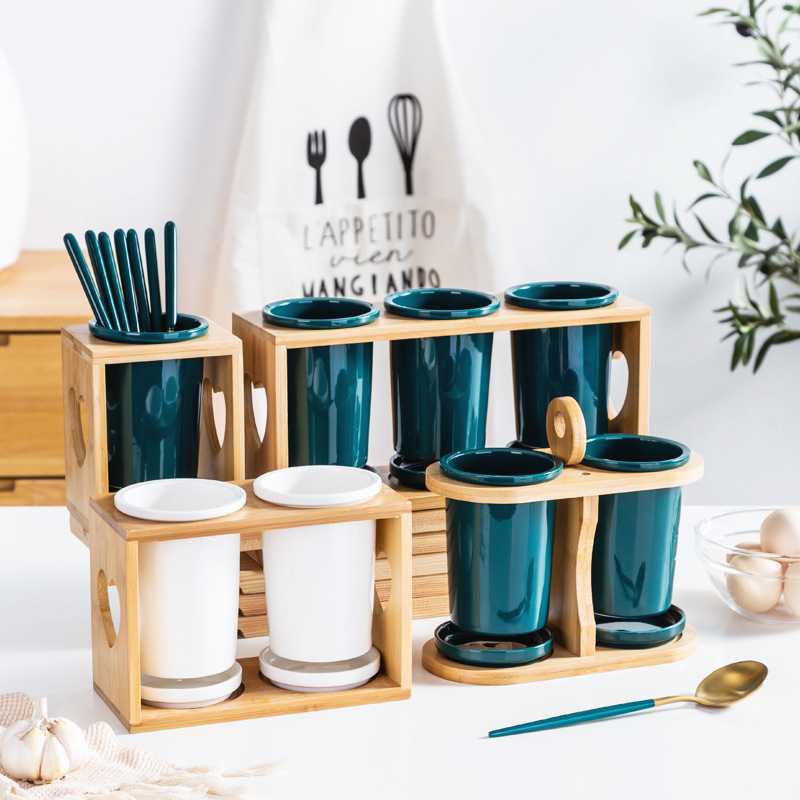 陶瓷筷子篓筷子筒筷筒家用置物架厨房用品沥水瓷竹收纳盒餐具筷笼