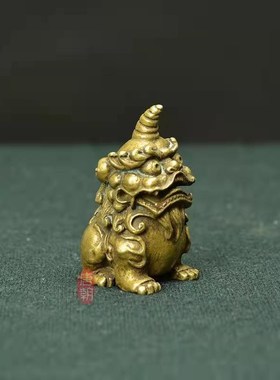 复古迷你纯黄铜实心独角兽客厅办公室摆件神兽瑞兽手把件铜器茶宠