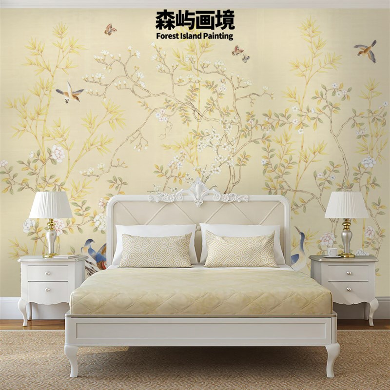 新中式艺术植物玄关墙布客厅复古花鸟电视背景墙卧室定制无缝壁画