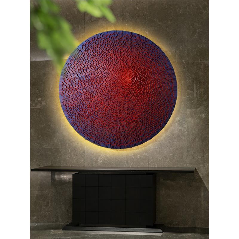 样板间高级感渐变玄关装饰画圆形带灯抽象艺术挂画手工立体实物画图片