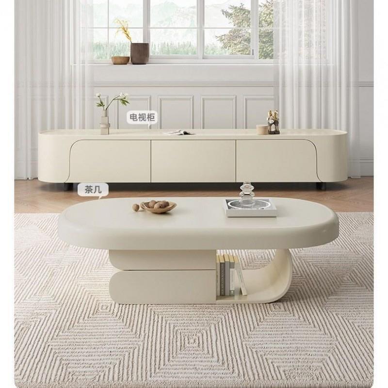 奶油风茶几电视柜客厅家用小户型地柜高级感椭圆形设计感简约岩板