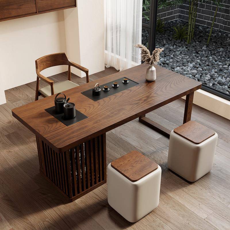 阳台实木茶桌简约现代家用客厅办公小茶台北美白蜡木茶盘茶几一体