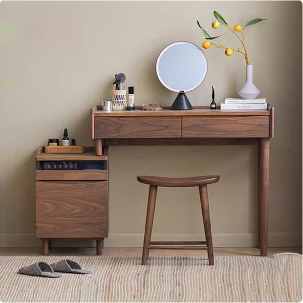 北欧实木梳妆台书桌一体可伸缩北美黑胡桃木日式小型卧室化妆桌