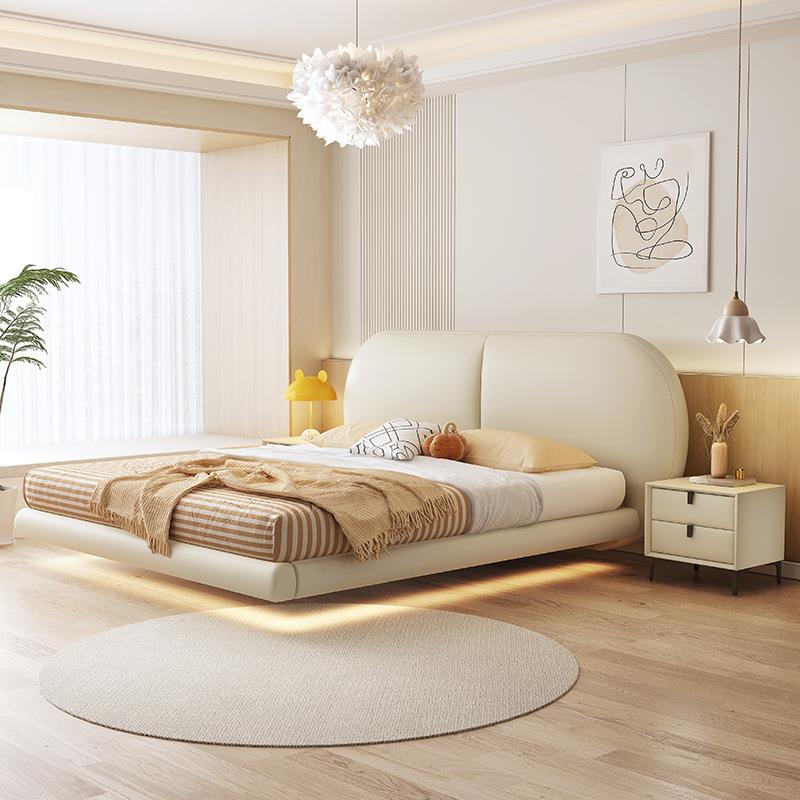 直销云朵悬浮床现代简约1米8双人主卧真皮感应灯皮床