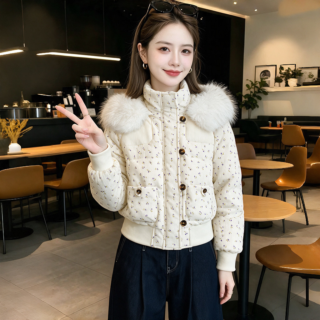 女士外穿棉服2026冬季新款碎花衣身毛领装饰立体贴扣口袋短外套