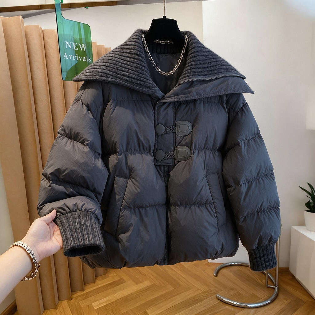 温柔棉服女2026冬季新款针织翻领盘扣门襟拉链开衫侧插口袋外套