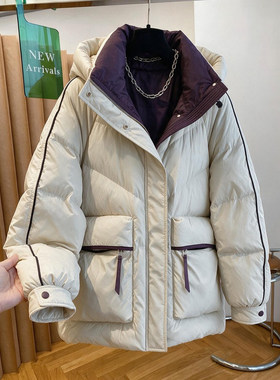 连帽中款棉服女2026冬季新款撞色内里拉链门襟侧条装饰大口袋外套