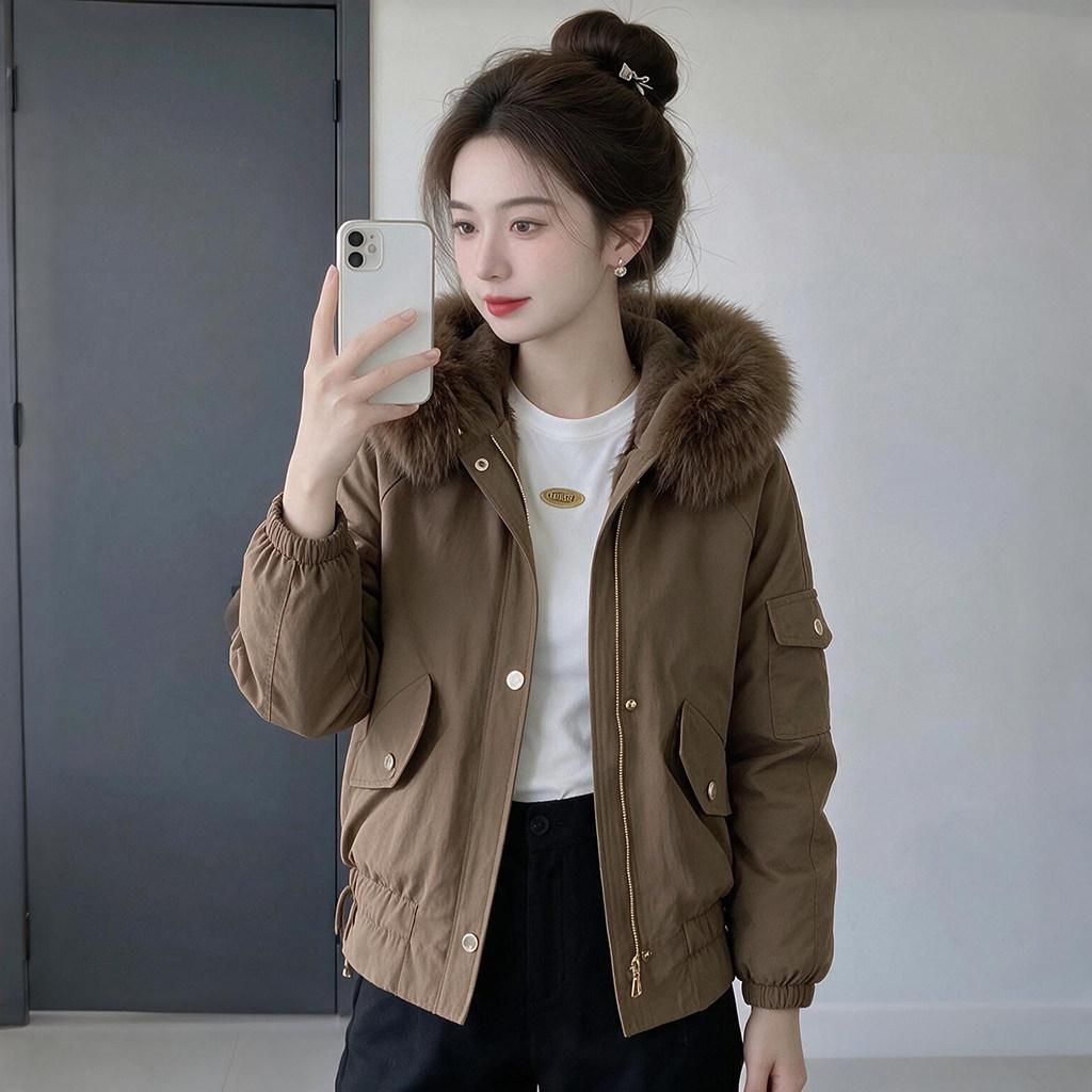 工装短款棉服女2026冬季新款大毛领装饰多口袋按扣拉链收口袖外套