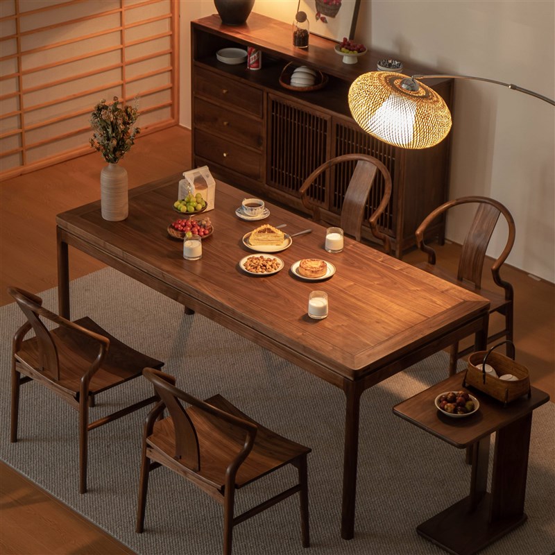 空器实木长方形原木桌子新中式家用饭桌黑胡桃木餐桌椅组合工作台
