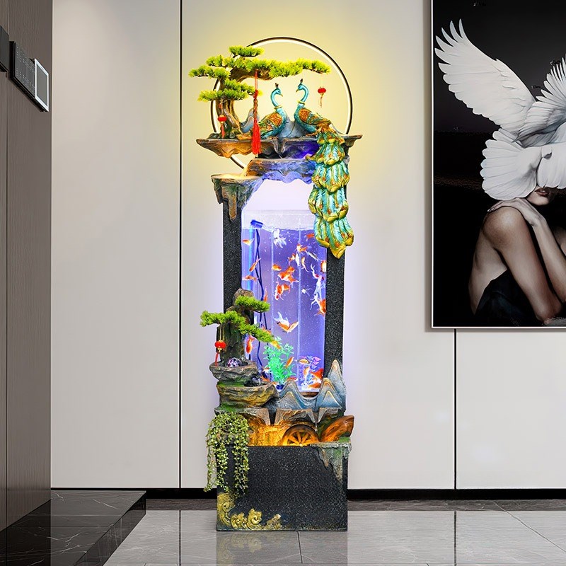 鱼缸招财客厅电视柜旁装饰假山流水加湿器办公茶室内落地摆件
