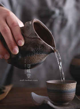 鎏金粗陶公道杯复古手工古早烧铁釉茶海匀分功杯陶瓷茶夫茶具
