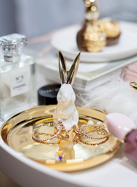 陶瓷首饰展示架托盘金色兔子收纳盘拍摄道具卧室风小饰品摆件
