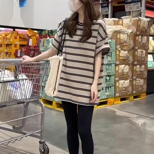 孕妇上衣夏季套装时尚纯棉中长款大码女装夏天薄款条纹短袖t恤潮