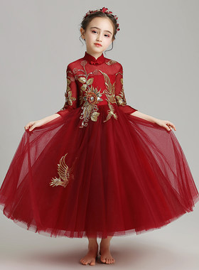 儿童礼服公主裙新年女童婚纱蓬蓬裙酒红色小花童钢琴表演服走秀冬