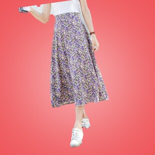 2020新款 中长款 香芋紫雪纺裙子 a字高腰大码 紫色碎花半身裙女夏季